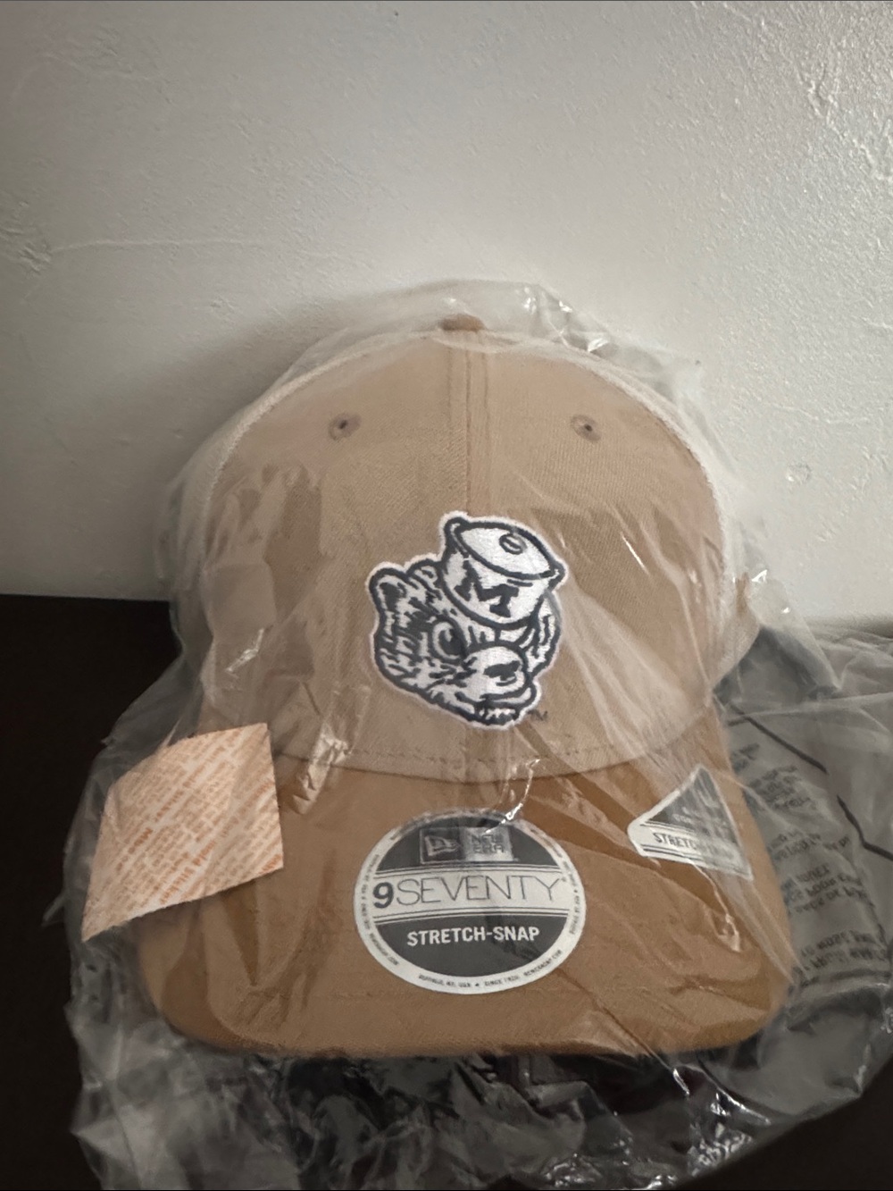 New Era Tan Baseball Cap with Navy Mascot Patch